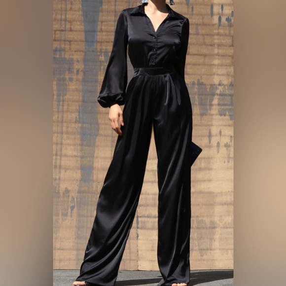 Dress day satin black jumpsuit. Worn once size medium. - Picture 1 of 4